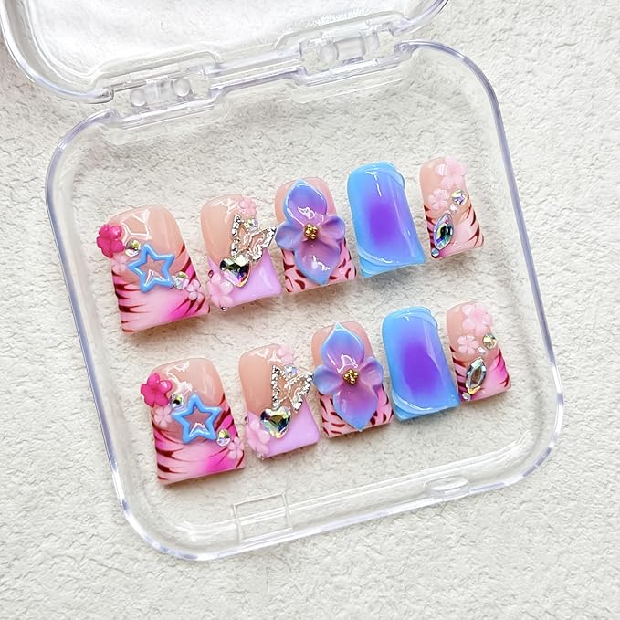 Thick Press on Nails Handmade Medium Duck Nails Pink Fake Nails 3D Flower Art False Nail with Gems Design Luxury Rhinestone Nature Reusable Acrylic Nail for Wome (Size M)