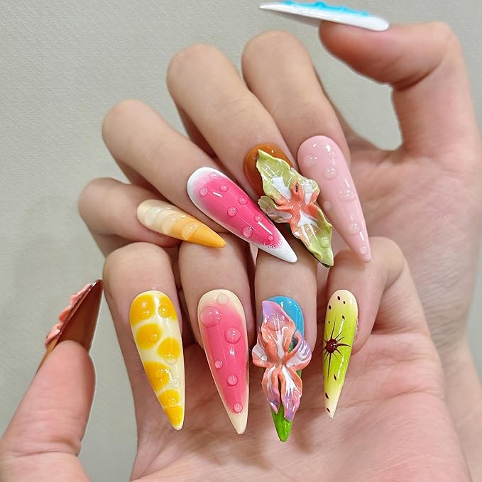 Thick Press on Nails Long Almond Handmade Nails with Glue,Tropical Flower Art Fake Nails with Water Droplet Pattern Designs Reusable Nature Stick on Nail False Nails for Wome (Size M)