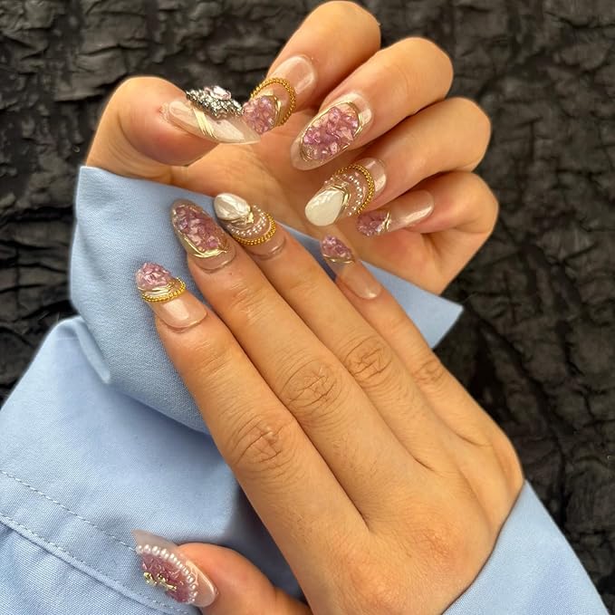 Handmade Press On Nails Medium Oval,Gold Chain&Pearl French Nail Tip,10Pcs Acrylic Fake Nails with Charm Design,Glue On Nail with 3D Rhinestone Stick On Woman Fingernails