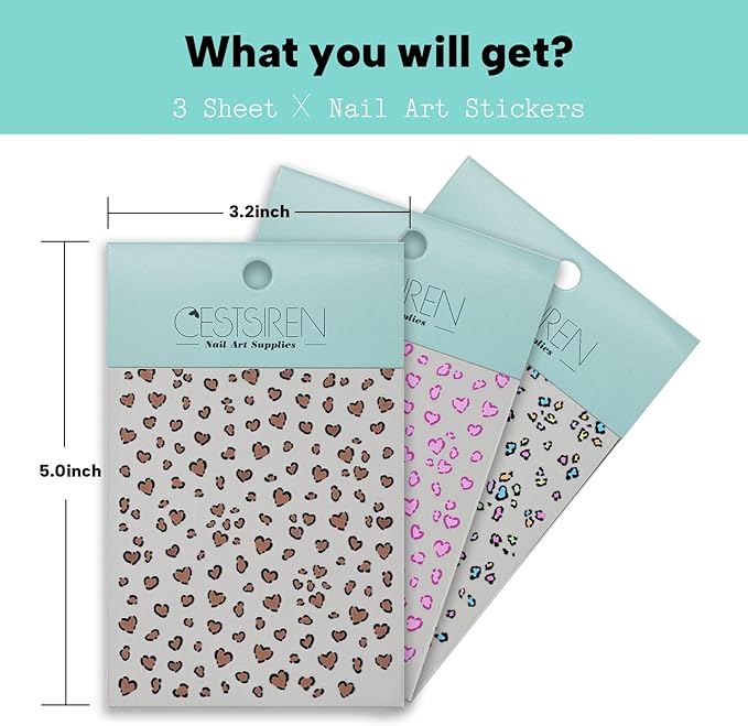 Leopard Print Nail Art Stickers, Colorful Heart Thin Nail Decals, Self-Adhesive, Nail Accessories for Women, Nail Decorations 3 Sheets