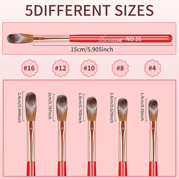 5Pcs New Year Acrylic Nail Art Brush Set -Size 4/8/10/12/16, Red Handle Nail Brushes for Acrylic Application Powder & Nail Extension, 3D Nail Carving Tools for DIY Home Salon Manicure