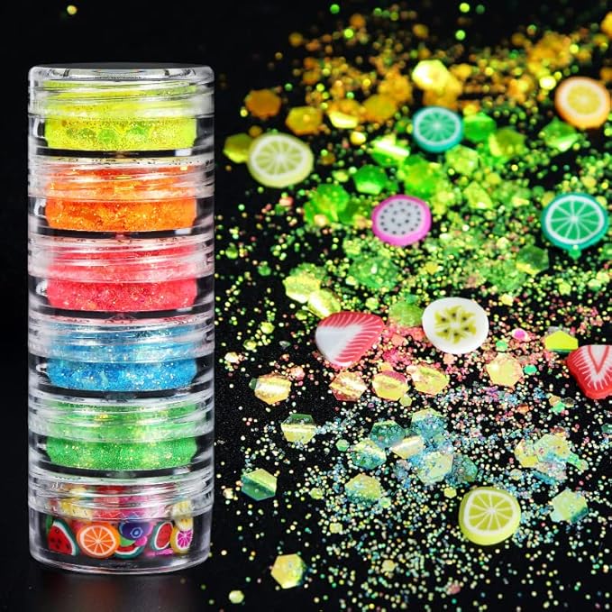 Nail Art Iridescent Sequins 3D Glitter Flakes Makeup Chunky Fruits Slices Polymer Manicure Accessories for Acrylic Nails Resin Crafts Makeup Decorations