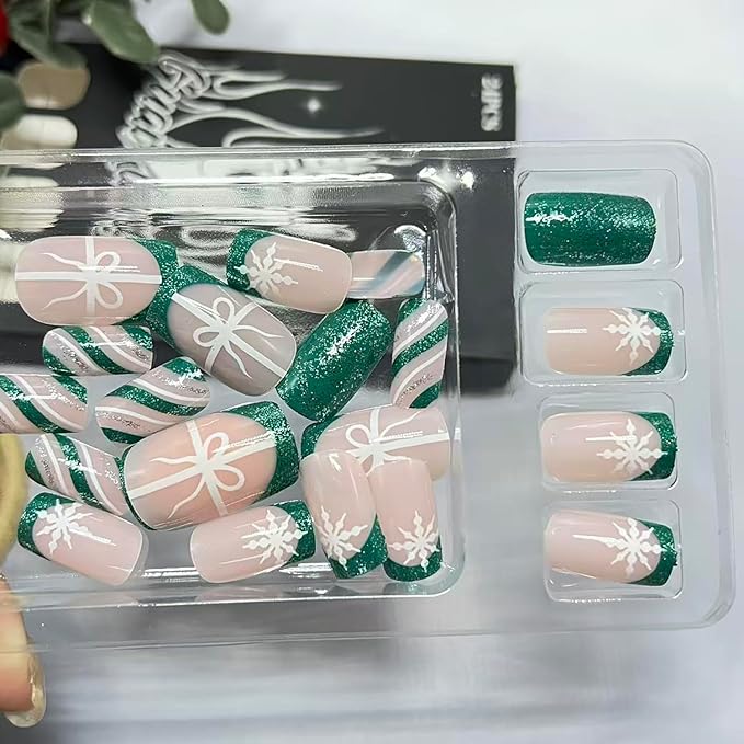 Christmas Press on Nails Medium Square Fake Nails with Bow Snowflake Designs Green French Tip Xmas False Nail Winter Acrylic Stick on Nail for Women 24 Pcs