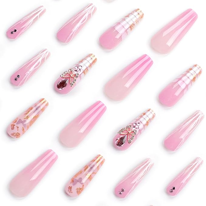 Press on Nails Long Coffin Fake Nails Pink Ombre Full Cover Acrylic False Nails with Butterfly Charm Rhinestone Designs Long Square Nails Press Ons Sparkly 24Pcs Stick on Nail for Women and Girls