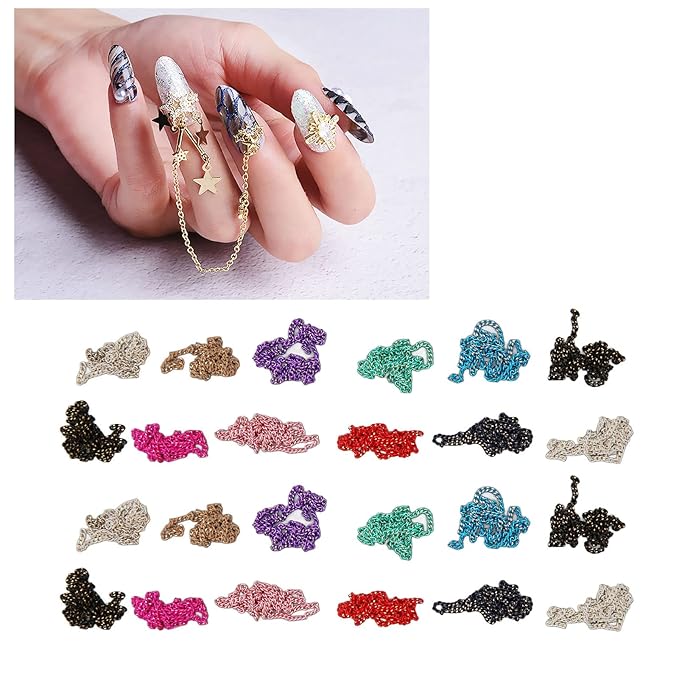3D Mix Nail Chains, 3D Colorful Nail Charms, 24 Strips Nail Jewelry Metal Punk Nail Chains With Case, Nail Chain Decorations for Nail Art Chains DIY Design