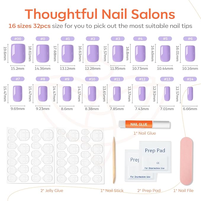 Modelones Purple Press on Nails, Spring Short Square Fake Nails, Reusable Nail Kit with Nail Glue Adhesive Tabs Mini Nail File, Nails Press Ons 32Pcs 16 Sizes, Women Girl Gift