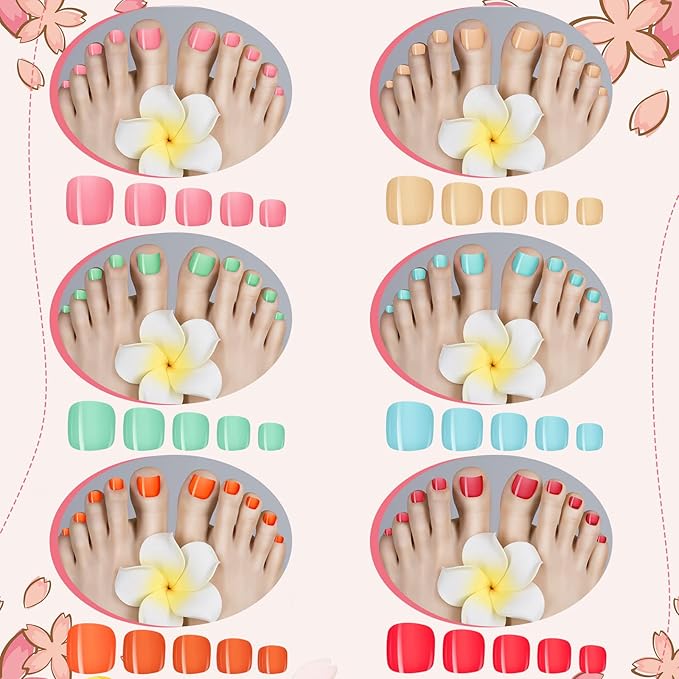 Maitys 720 Pieces Fake Press on Toe Nails Short False Toe Nails Square Solid Color Full Cover Matte Finish for Women(Bright Color)
