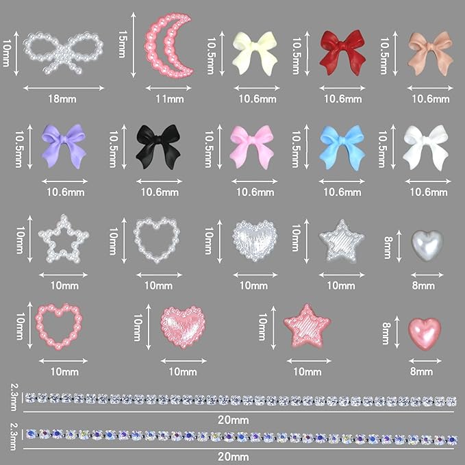 HNUIX 3D Nail Charms and Flatback Pearls - Pink & White Heart, Moon, Bow, Hollow Bow Star Pearls; 50 Pieces Gemstone Nail Rhinestones Set with Tweezers and Pickup Tools