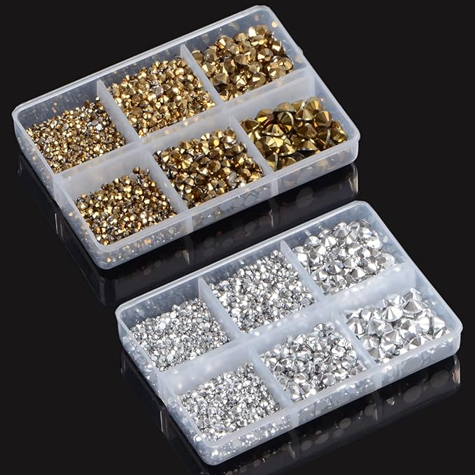 LPBeads 6000 Pieces Metallic Gold and Metallic Silver Non Hotfix Rhinestones 6 Sizes Round Crystal Glass Flat Back Rhinestones with Tweezers and Picking Pen for Nail Art Crafts Clothes Bags DIY
