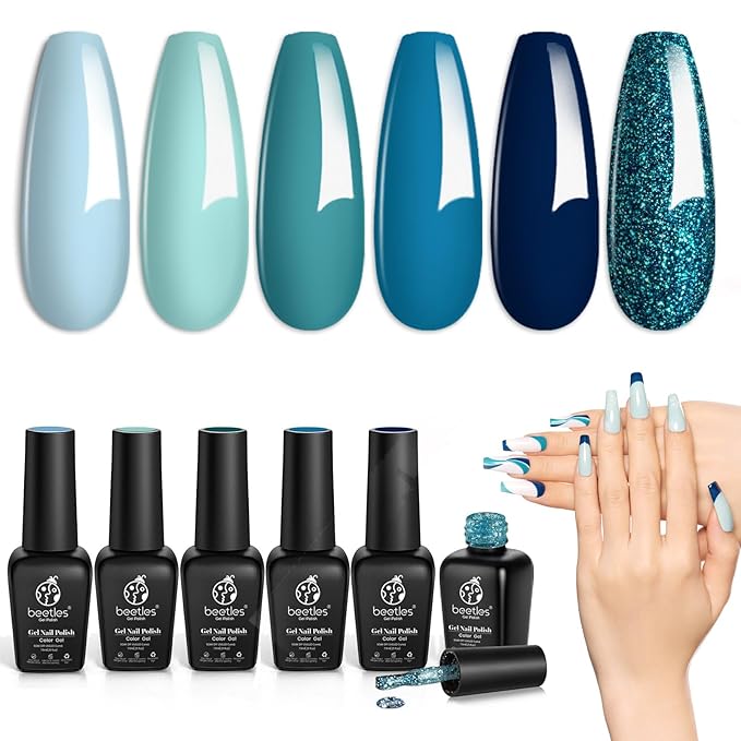 Beetles Blue Navy Gel Polish, Dark Blue Glitter Mint Green Navy Teal Jewel Tones Sparkle Gel Nail Kit Fall Nails Design Soak Off UV DIY Manicure Gift for Girls Women