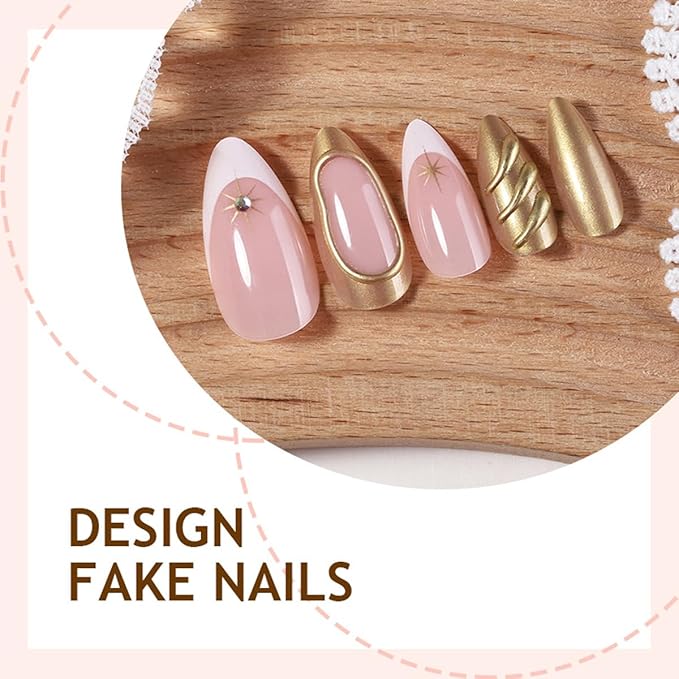 Almond Press on Nails - Medium White French Tip Fake Nails Press ons with Gold Star & Rhinestones Designs, Glossy Acrylic Nails Full Cover Glue on Nails for Women Manicure 24Pcs