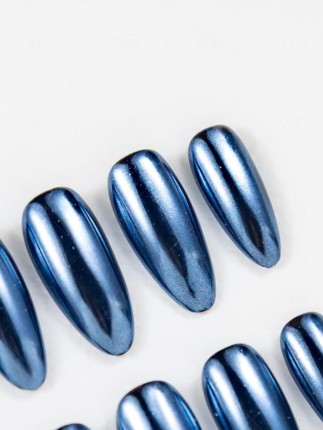 10 Pieces Handmade Press On Nails Medium Almond, Metallic Blue Thickened False Nails, Reusable Fake Nails Almond, Reusable Acrylic Nails (L)