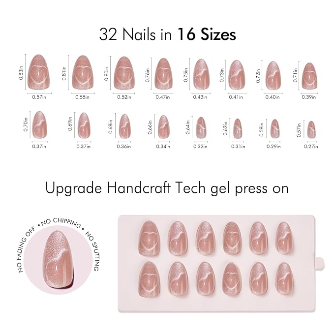 VSALON Press On Nails Short Almond, 32 Pcs 16 Sizes Nude Cat Eye Press On Nails Neutral Sparkly Fake Nail With UV Glue On Nail Kit, Reusable Stick On Nails Salon Quality Valentines Gifts For Women