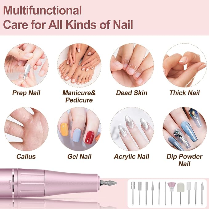 Electric Nail Drill Professional, 35000RPM Portable Efile Nail Drill with 11Pcs Nail Drill Bits, Rechargeable Nail Drill Machine with LCD Display for Acrylic Nail Remove Gel Polish for Home Salon Use