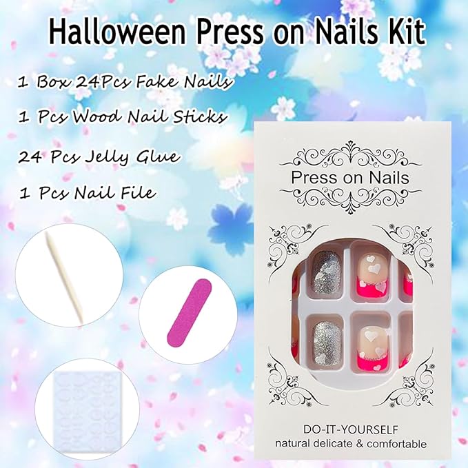 24Pcs Valentines Press on Nails French Tip Short Square Fake Nails with Heart False Nails Rose Pink Nail Tips Acrylic Nails Silver Glitter Valentines Glue on Nails for Women DIY Manicure Design