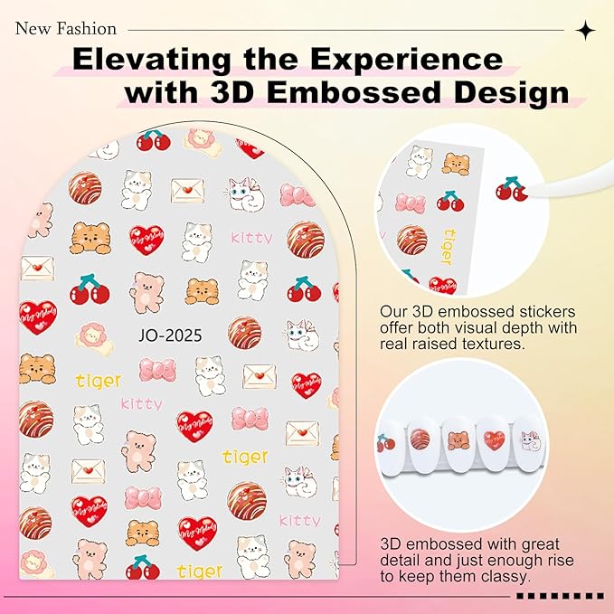 12 Sheet Cartoon Nail Sticker for Nails Art 3D Embossed Self-Adhesive Cute Bear Flower Bunny Duck Fruit Nail Decal Design Supplies for Women DIY Manicure Art Decoration YX1244
