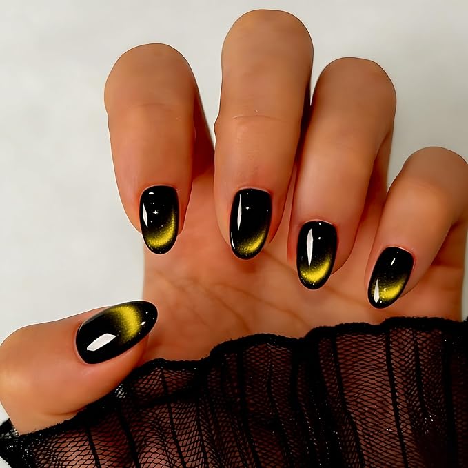 Cat Eye Press on Nails Short, Chrome Press on Nails Oval, Thick Glazed Black Gold Fake Nails Press ons for Women Party Prom, Reusable Glitter Glue On Nails Almond in 15 Sizes, 30 Pcs