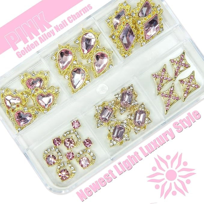 24pcs Pink Nail Luxury Nail Charms Heart Rhinestones Charms 3D Big Nail Gems Crystals Diamonds Jewelry Stones Alloy Studs Supplies Decoration for Arylic Nails Face Makeup DIY Crafts Jewerly