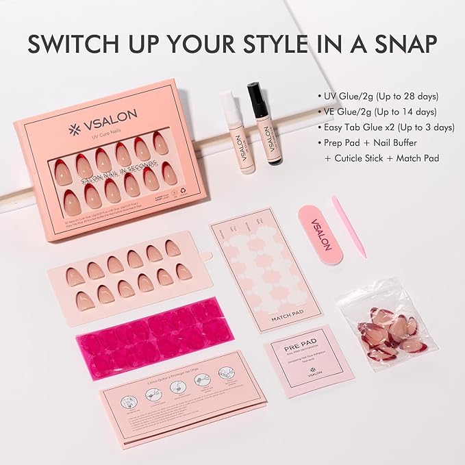VSALON Press On Nails Short Almond, Red French Tip Fake Nails With UV Glue, Reusable Stick On Nails, Soft Gel Glue On Nails, New Year Valentine Gift in 16 Sizes 32 Pcs Kit