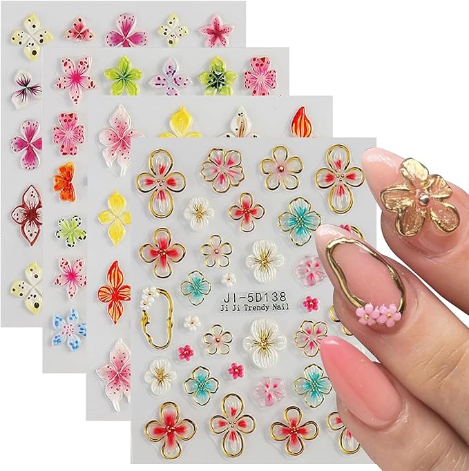 4 Sheets Flower Nail Stickers for Nail Art,5D Embossed Hibiscus Nail Decals Pink White Lily Hibiscus Tropical Floral Summer Spring Flower Nail Art Supplies for Women Girls Nail Decoration