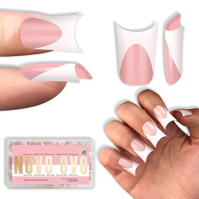 NOVO OVO Extra Thick Duck Nails Short with Moon Curve Light White French Tips BABY PINK Full Cover for Press on Acrylic, Flare Wide French Soft Gel Fake False Nail Extension x 15 Sizes 240 pcs