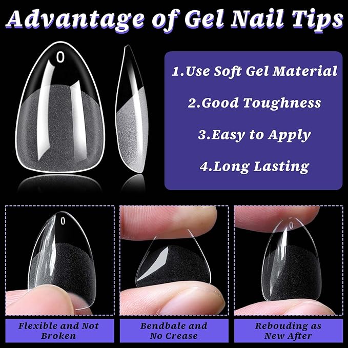 510pc Short Almond Nail Tips, Soft Gel Nail Tip Almond Fake Nails Artificial Fingernail, 15 Sizes Full Cover Clear Press on Nail Short Acrylic Nails Tips for Nail Extension, Press Nails Making