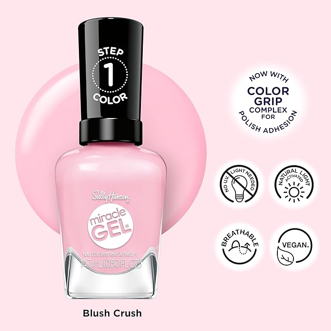 Sally Hansen Miracle Gel Supercharged Pinks Nail Polish | Salon Quality Gel-Like Formula, Two-Step System, No UV Light Needed, Long Lasting | 344 Blush Crush | Soft Pink Crème Nail Color