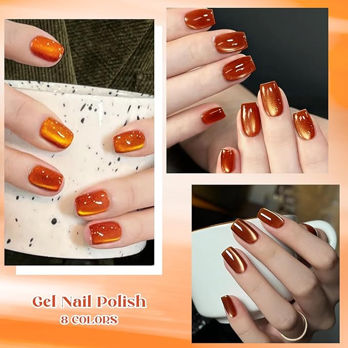 MEET ACROSS 9Pcs Glitter Cat Eye Gel Nail Polish Set Amber Brown Magnetic Cat Eye Gel Polish with Magnet, Brown Series Fall Winter Manicure Salon Gift for Women
