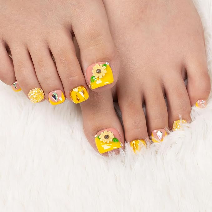 LOVFUL Press on Toenails Honey Bee Yellow | 20 PCS Free Size Toe Nails | Reusable Fake Nails for Toe | T101