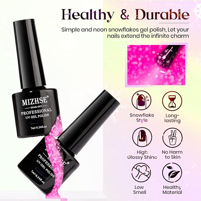 MIZHSE Neon Snowflake Gel Polish Set - 8 Colors Summer Hot Pink Neon Bright Macaron Candy Jelly Nail Polish Gel Popular Soak Off LED Nail Art Manicure DIY for Nail Salon