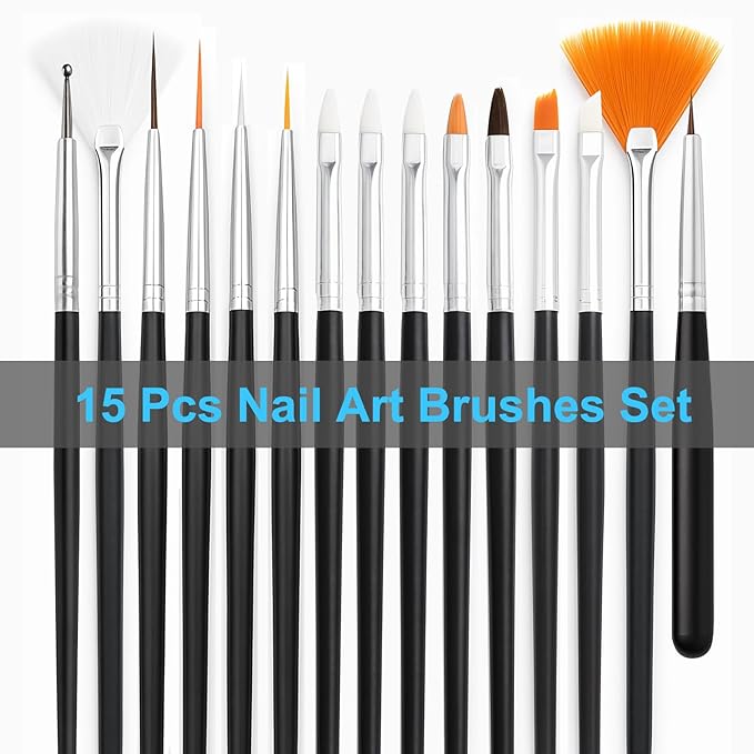 Nail Art Tools Set – 15pcs Nail Brushes, 5pcs Dual-Ended Dotting Pens, Nail Stand & Holder Kit with Brush Rack, Tweezers & Double-Sided Tape for DIY Nail Design & Press On Nails