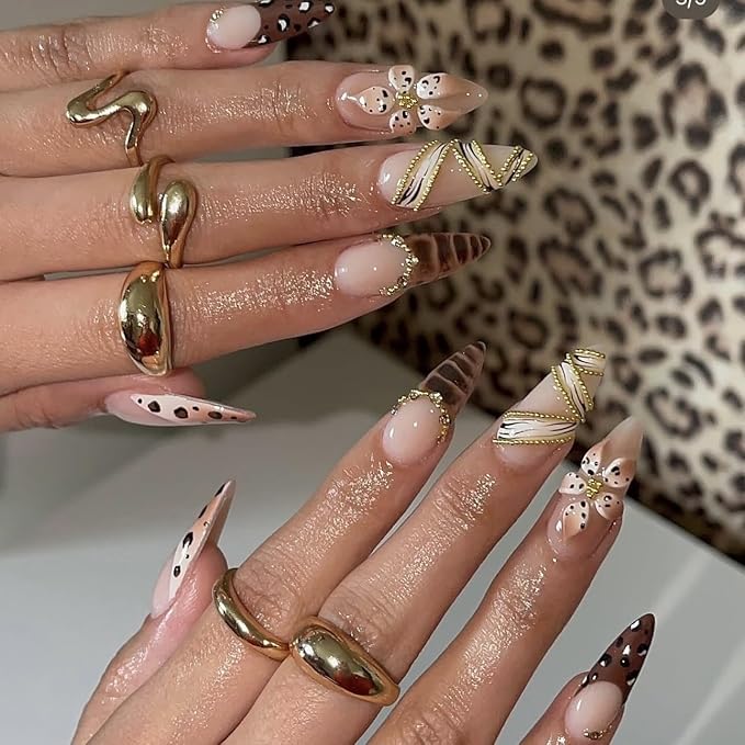 Long Almond Press on Nails Glossy Fake Nails Nude Leopard Print with Floral Gold Chain False Nail Stick on Nail for Women 24pcs