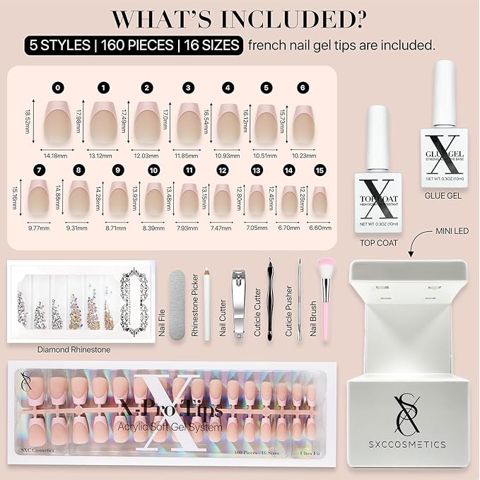 SXC Cosmetics French Tip Press On Nails - Skin Tone Nude and Color Series, Short Coffin X-Pro Tips Starter Kit ST119KIT