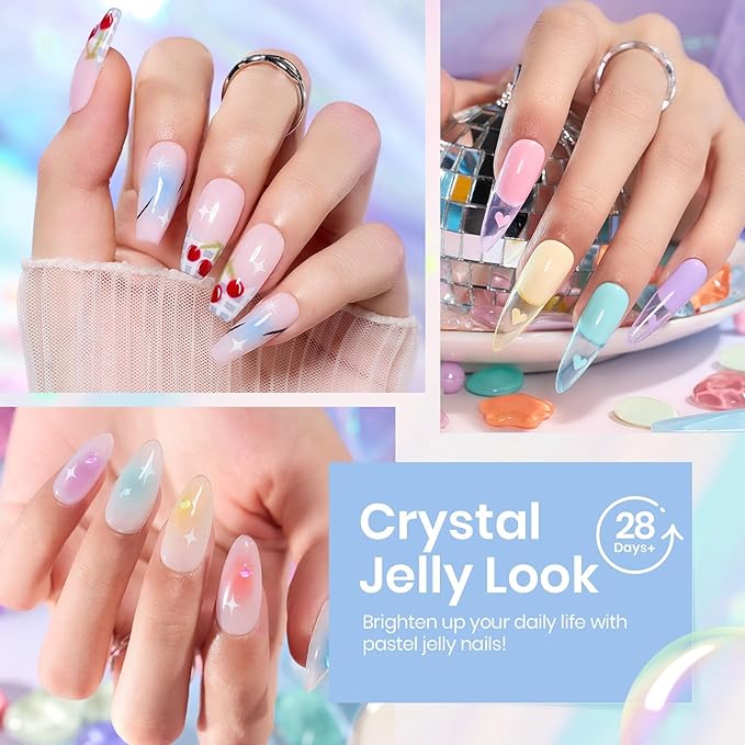 Beetles Pastel Gel Nail Polish Set, 6 Colors Jelly Pink Red Blue Green Purple Yellow Gel Polish kit Spring Summer Crystal Glass Translucent Effect Rainbow French Nail Art Soak Off UV Gift for Women