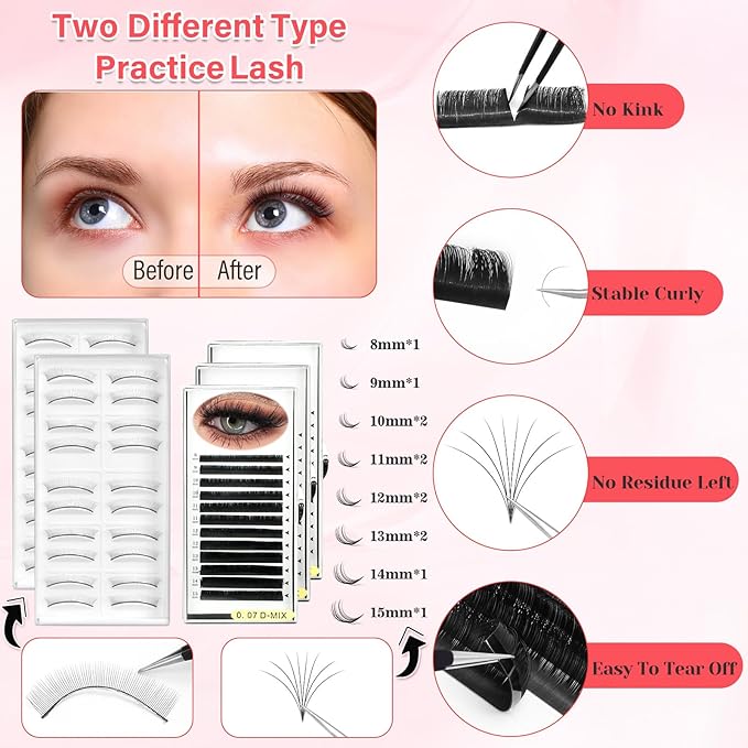 Lash Kit for Eyelash Extension Beginners Eyelash Extension Kit with Lash Mannequin Head, Eyelash Extension Practice Starter Kit with Everything USB Fan Lash Glue False Eyelash Lash Shampoo