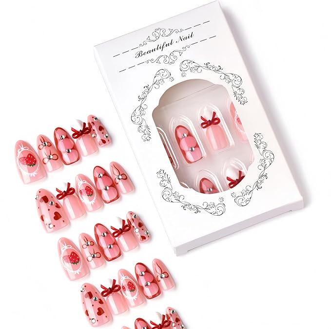 30pcs Valentines Press on Nails Medium Almond Fake Nails with Bow Heart Strawberry Rhinestones Designs White French Tip False Nails Cute Romantic Red Heart Valentine Full Cover Glue on Nail for Women
