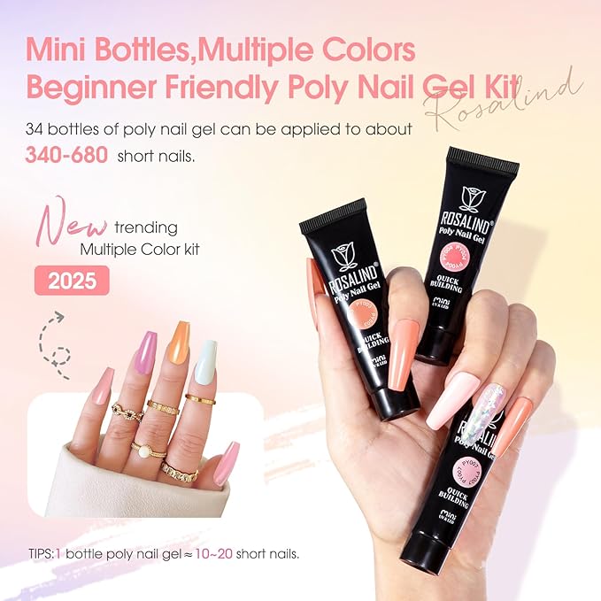 ROSALIND Coloful Poly Nail Gel Kit -34 Colors + Neon Accessories Clear Nude Poly Nails Gel Starter Kit with Mini UV Lamp Slip Solution Fall Colors Halloween Poly Extensions Kit