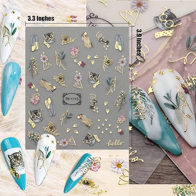 12 Sheets Graffiti Nail Art Stickers 3D White Black Gold Stripe Line Nail Decals Self-Adhesive Abstract Marble Wave Flower Leaf Stickers for Nail DIY Decoration Nail Accessories for Women French Nail