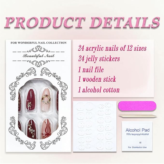 Christmas Press on Nails Medium Almond MABKJLF Fake Nails 3D False Nails with Flower Snowflake Stars Bow Pearls Rhinestones Designs Glossy Glue on Nail Winter Acrylic Nails for Women Girls 24Pcs