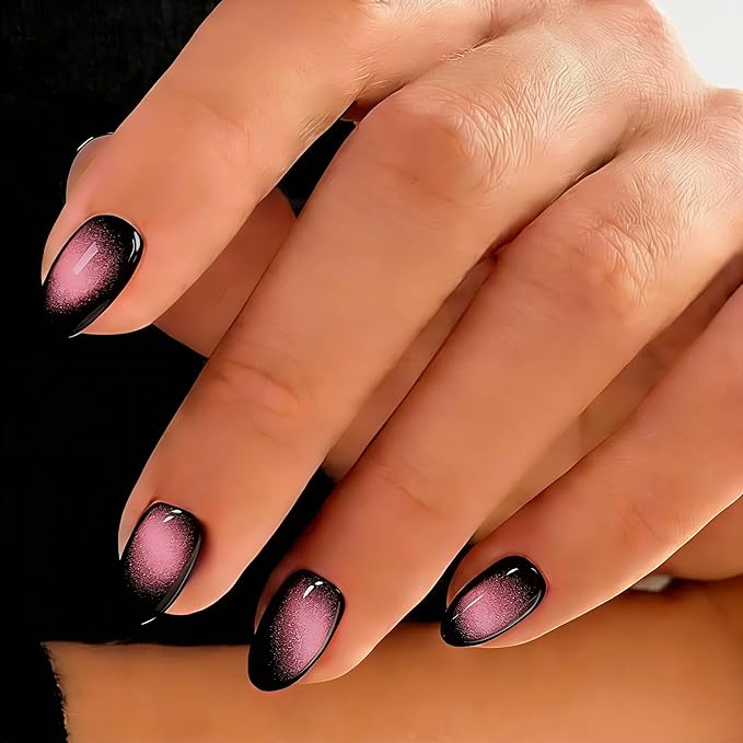 Cat Eye Press on Nails Short, Chrome Press on Nails Oval, Thick Glazed Black Baby Pink Fake Nails Press ons for Women Party Prom, Reusable Glitter Glue On Nails Almond in 15 Sizes, 30 Pcs
