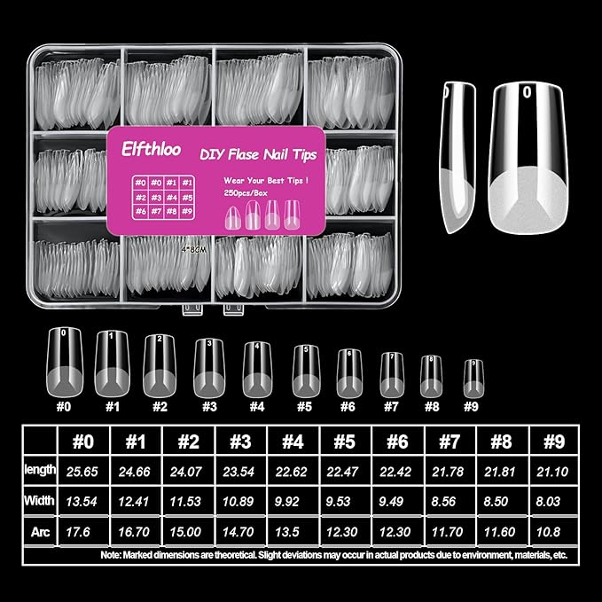 250PCS Clear Acrylic Nail Tips, 1 Shapes 10 Sizes - Half Matte Full Cover Fake Nails for DIY Manicure, Salon Professionals & Beginners - Rectangle Pre-Shaped Extensions