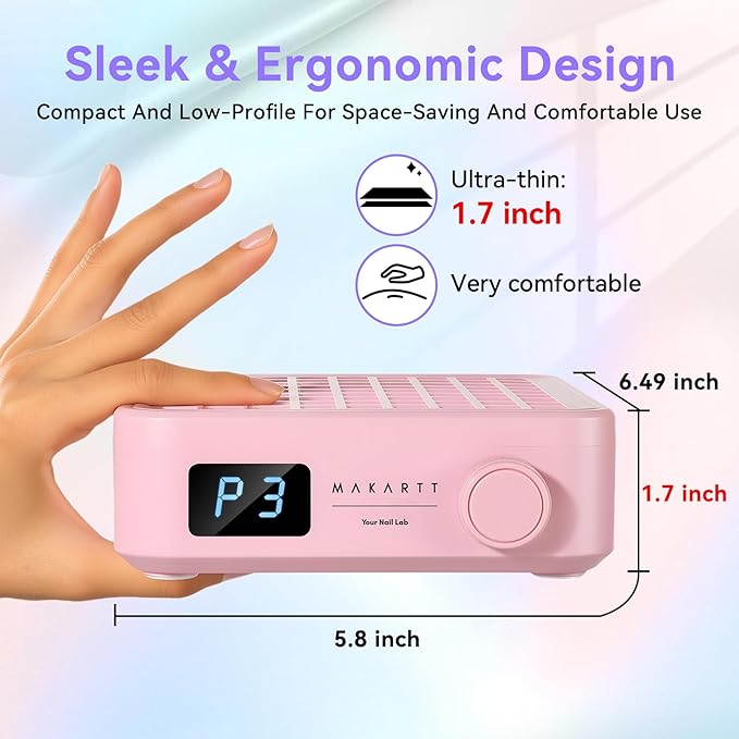 Makartt MIni Nail Dust Collector - Professional Powerful Suction Larina Dust Cleaner with LED Display, Adjustable Speed Wrist Rest and Reusable Filter for Nail Tech Acrylic Gel Polishing Pink