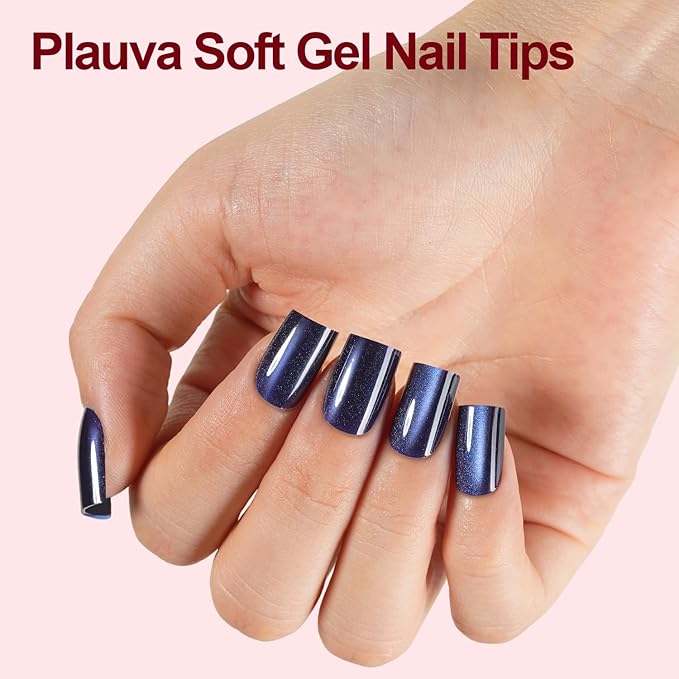 Cat Eye Press on Nails, 300Pcs XS Short Square Cat Eye Nail Tips, Glossy Glitter Soft Gel Fake Nails for Women and Girls Stick On Nails in 15 Sizes