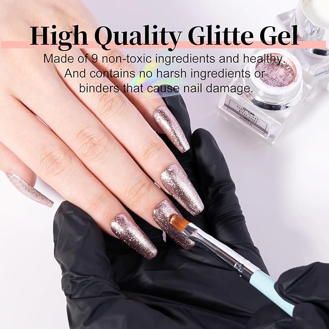 NXJ INFILILA Rose Gold Glitter Gel Nail Polish, Reflective Shimmer Gel Liner for Nail Art, Holographic Sparkle Long-lasting Color Soak Off UV Lamp Cured Gels for Art Manicure Salon DIY at Home B03