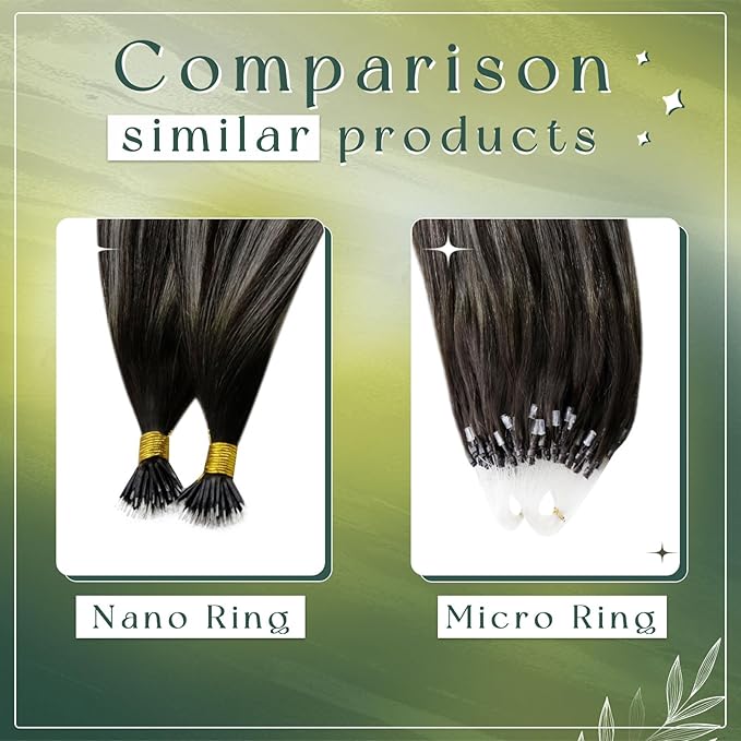 RUNATURE Nano Hair Extensions Human Hair Black Ombre Silver, 14 Inch 50G 50S, Remy Soft Straight Nano Ring Hair Extensions for Women, Cold Fusion, Can Be Styled with Heat, Add Hair Volume