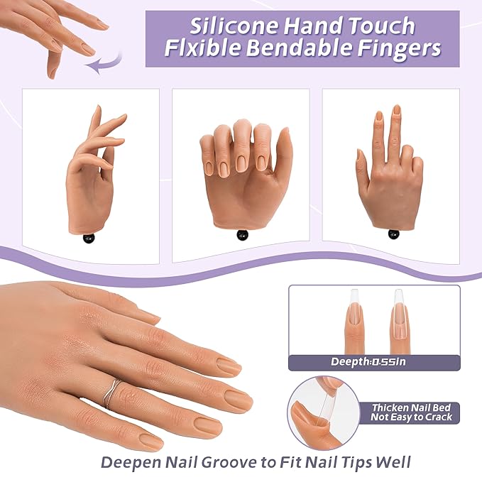 Practice Hand for Acrylic Nails,Realistic Silicone Professional Mannequin Hand,with Flexible Fingers for Acrylic Nails,Nail Art Training,Ideal Practice Tool for Manicure Beginners