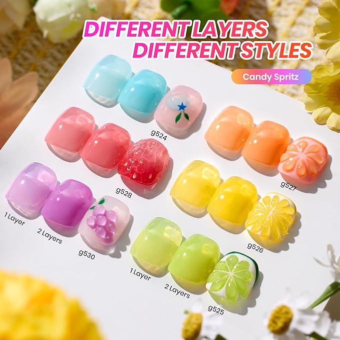 Beetles Candy Spritz Jelly Gel Nail Polish Set - 6 Colors Pastel Spring Gel Nail Kit Red Purple Blue Green Yellow Orange Sheer Translucent Effect Soak Off UV Nail Art Manicure Gift for Women