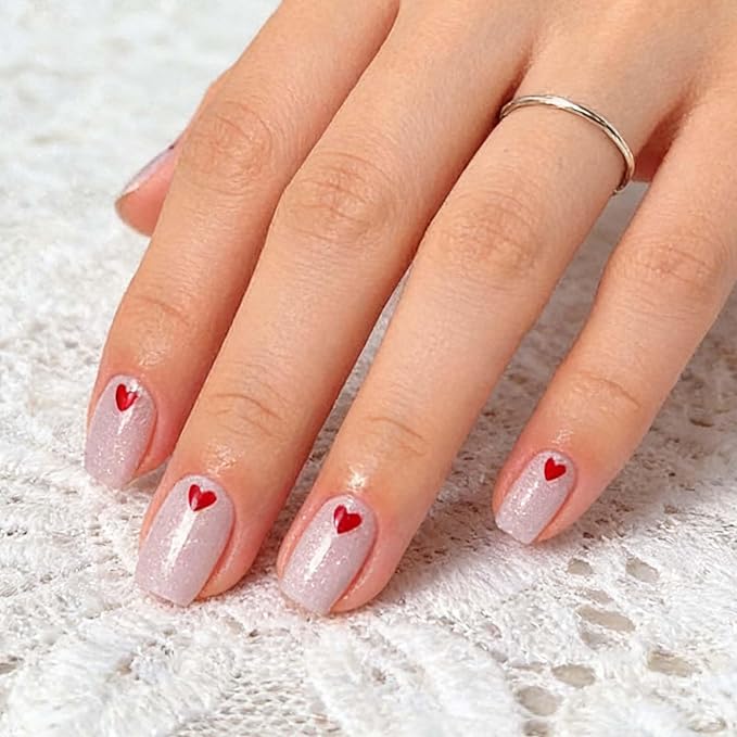 Semi Cured Gel Nail Strips - Red Heart with Shimmering Base, Valentine Glitter Nail Stickers, DIY Manicure Kit, Salon Quality Lasting Gel Polish Strips