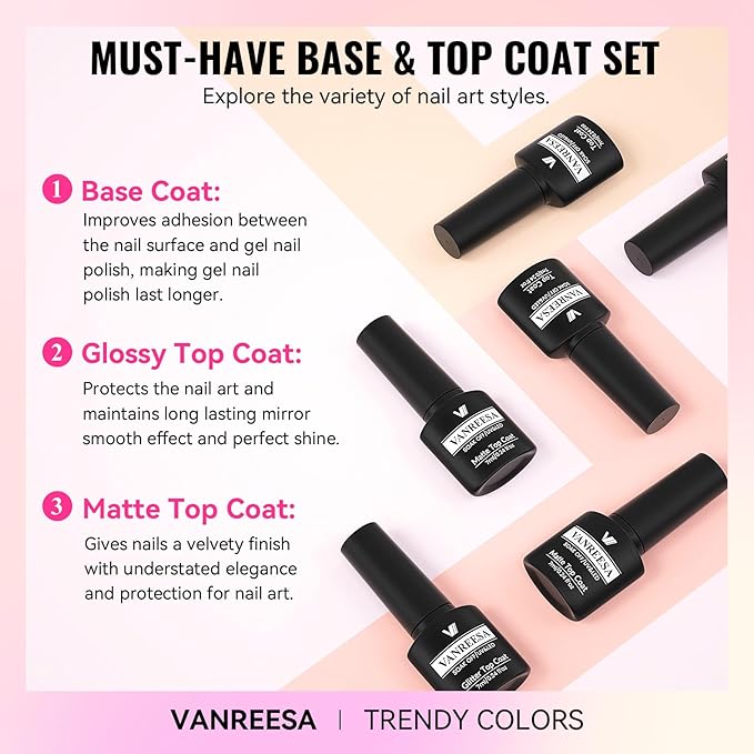 VANREESA 24 Pcs Gel Nail Polish Set, 21 Colors Gel Polish with Base Coat Glossy & Matte Top Coat Pink Orange Yellow Green Blue Purple Gray Nail Polish Set Nail Kit Gifts for Women