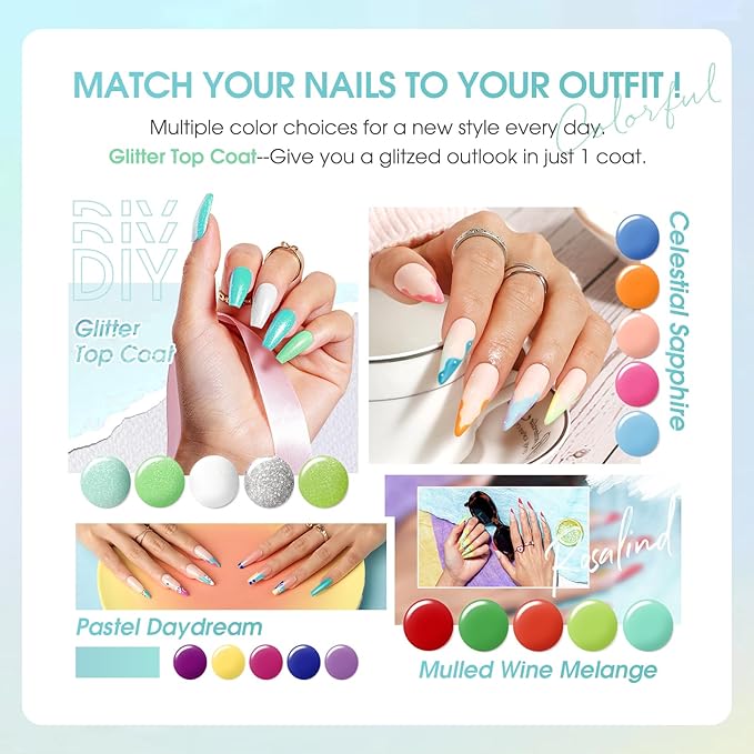 ROSALIND 24Pcs Neon Gel Nail Polish Set with Gel Base and Matte Glossy Glitter Top Coat, Bright Neon Colors Nail Gel Polish Soak Off UV Manicure Rainbow Nail Art